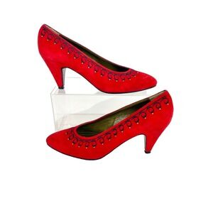 Georges Rech Luxury Suede Kitten Heels Women's 37 Pumps Red 6.5 Embroidered EUC